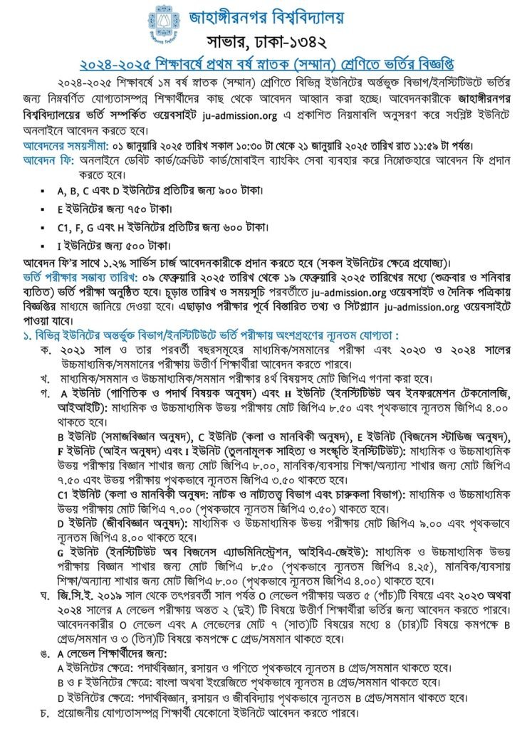 জাহাঙ্গীরনগর বিশ্ববিদ্যালয় ভর্তি তথ্য ২০২৪